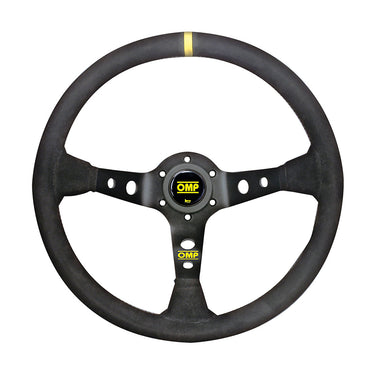 OMP Corsica 330 dished steering wheel with 3 black anodized aluminum spokes, horn button, and yellow stitching.